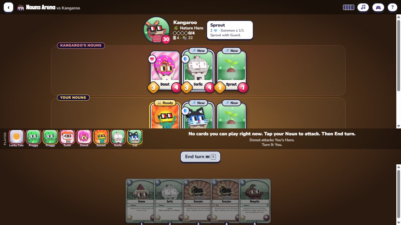 Nouns Cards: A Nouns Arena duel against Kangaroo, the Nature Hero