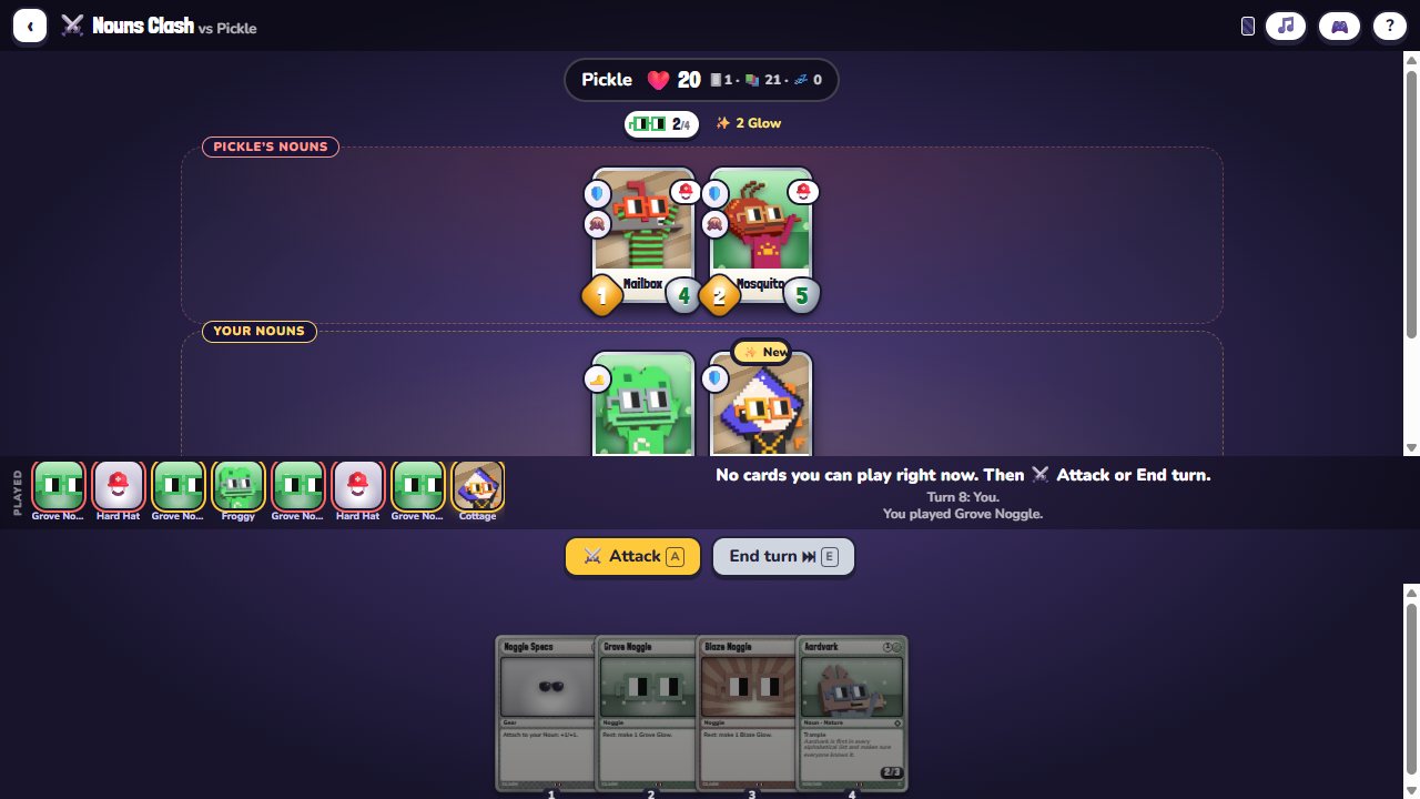 Nouns Cards: A Nouns Clash duel against Pickle