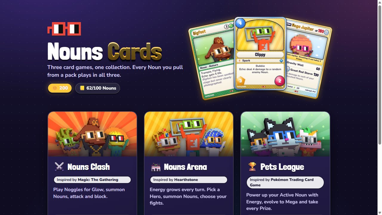 Nouns Cards: Three games, one collection: the Nouns Cards hub