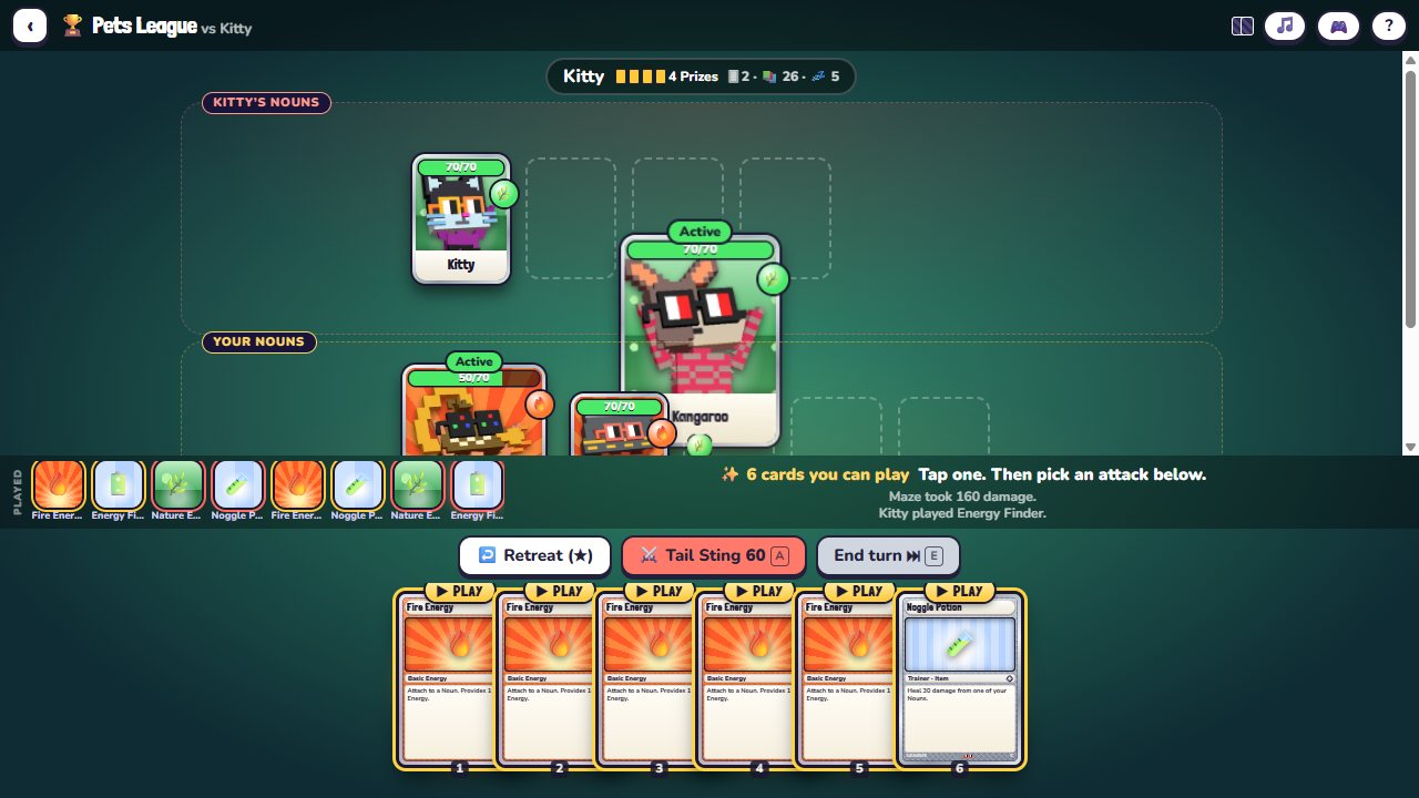 Nouns Cards: Pets League: Active Nouns, the Bench and a hand of Energy
