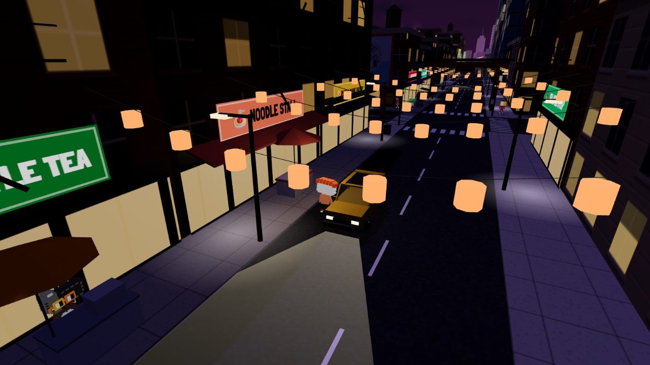 Nouns City: Chinatown after dark, lanterns lit and a taxi heading downtown
