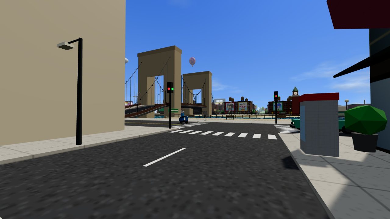 Nouns City: First person view down the street towards the bridge