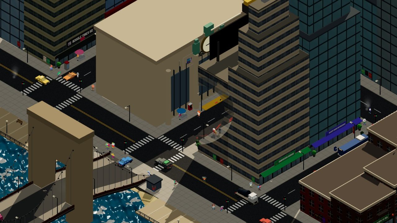 Nouns City: Midtown from the isometric camera, with traffic on the avenues