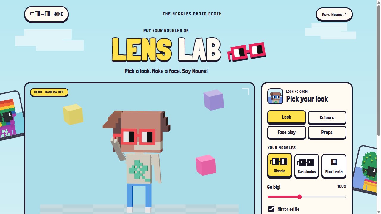 Noggles Lens Lab: The 3D Box Noun demo wearing classic red noggles