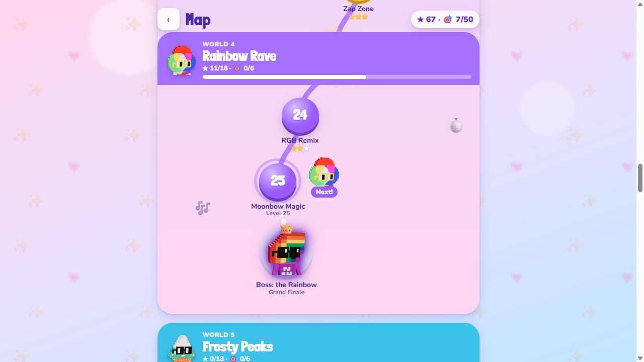 Nouns Puzzle Match: The winding map through the worlds, with stars and missions on every level
