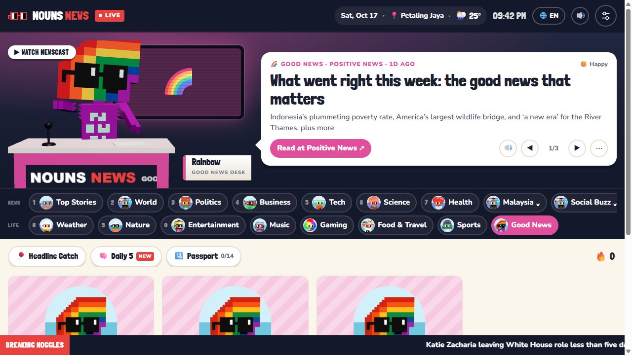 Nouns News: The Good News desk with Rainbow as anchor
